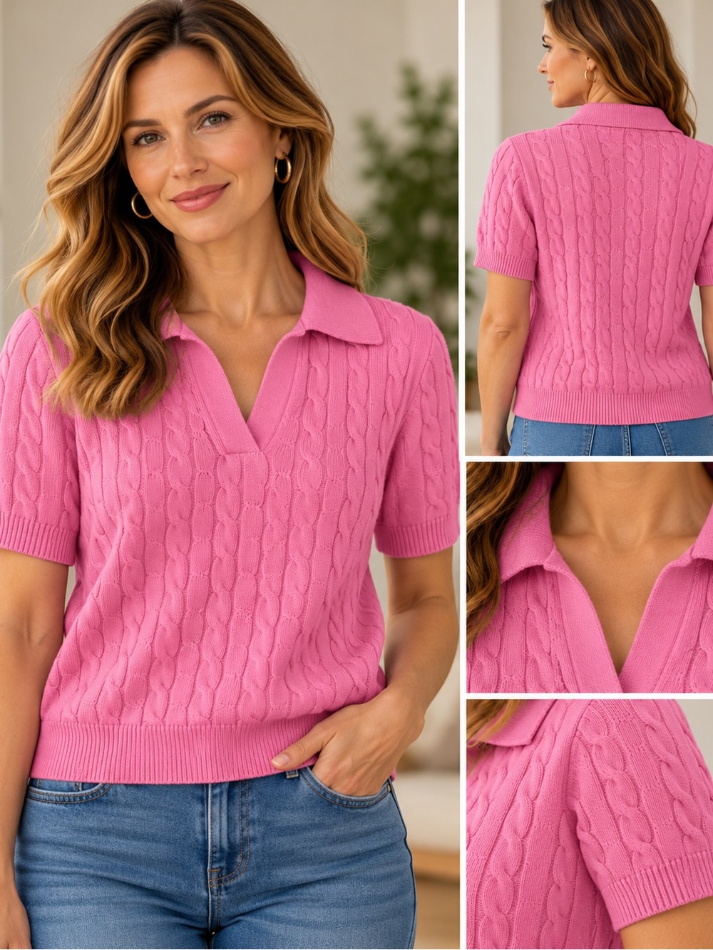 Women’s Cable-Knit V-Neck Polo Sweater in Pink